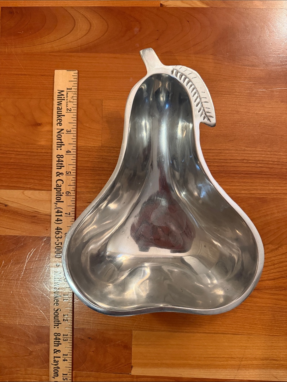 Vintage Mid Century Modern Aluminum Pear Shaped Serving Bowl Dish Leaf Stem